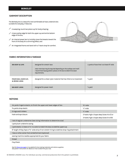 Berkeley Bra Sewing Pattern by Orange Lingerie Information Page