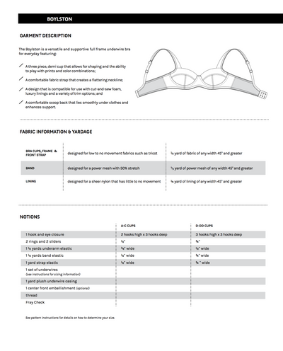 Boylston Bra Sewing Pattern Supplies Information by Orange Lingerie
