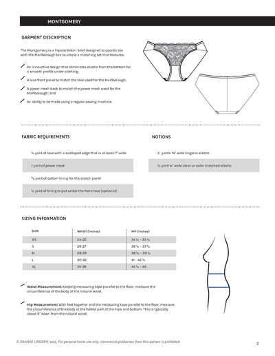 Montgomery Brief Pattern Sizing Information by Orange Lingerie