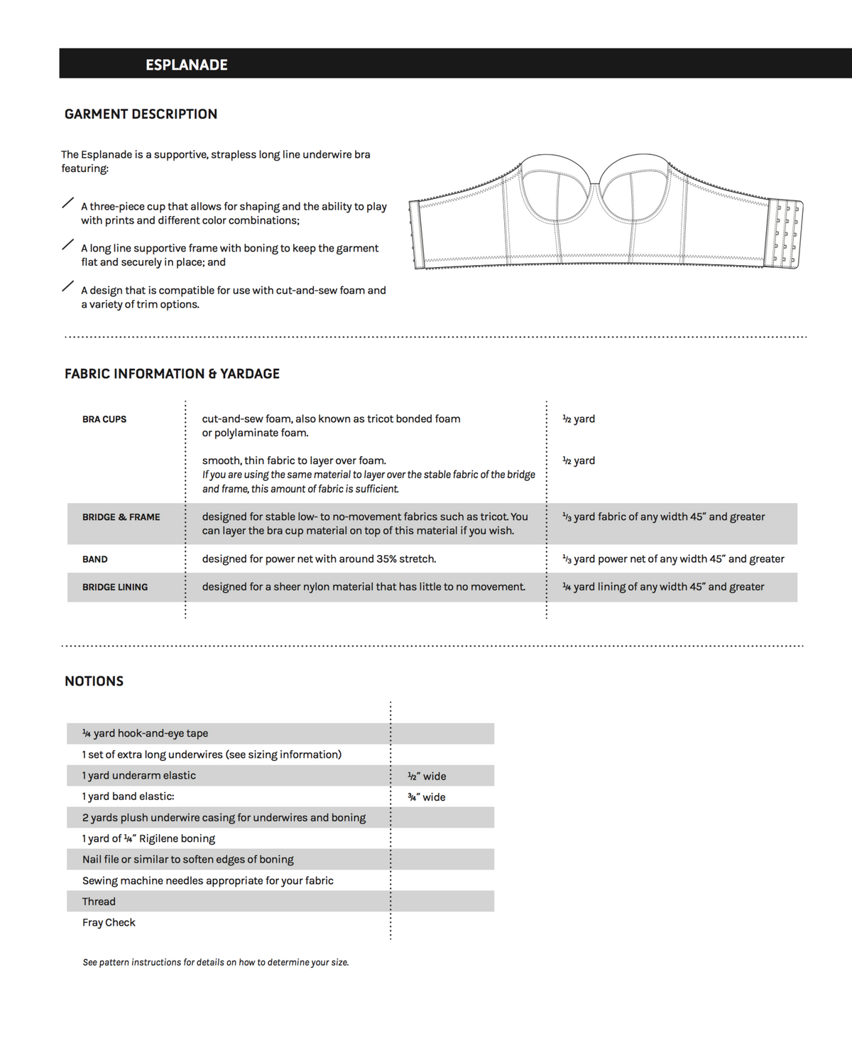 Esplanade Bra sewing pattern supplies information
